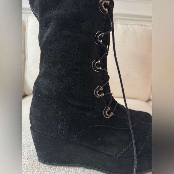 STUART WEITZMAN Womens Black Suede Lace-up Wedge Boots with Faux Fur Trim 9.5 - Picture 13 of 15